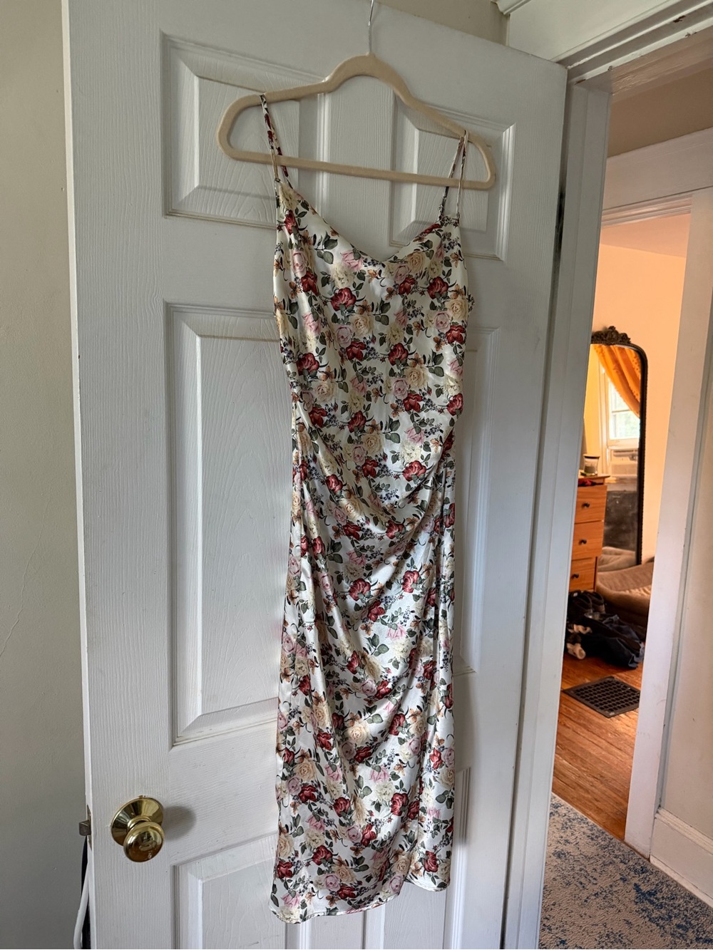 White Floral Satin Cowl Neck Midi Dress